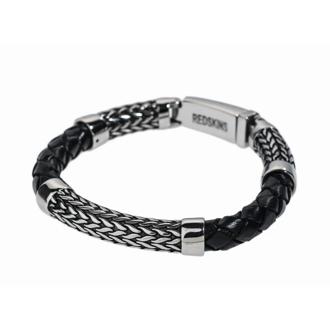 Bracelet Redskins Bijoux 285527 - Homme en Cuir Tressé Épais et Acier- Gravure Feuillage