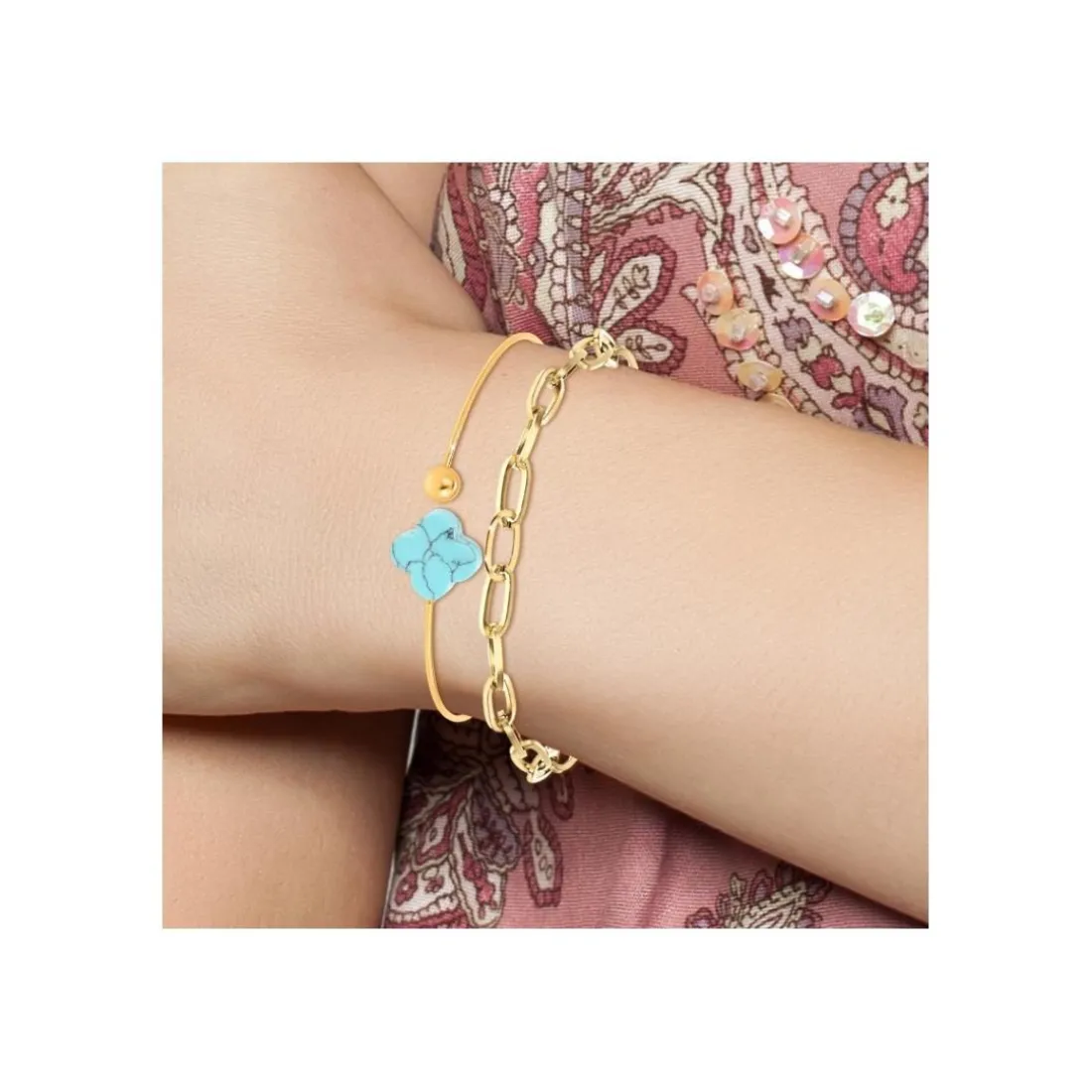 Bracelet Femme So Charm - B2369-DORE+B2493-TURQUOISE - Bracelet Mode Doré