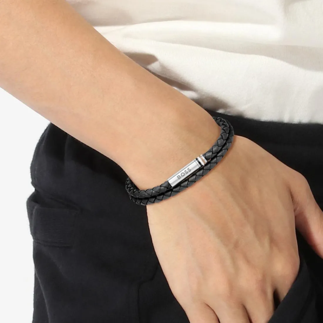 Bracelet Homme Boss Bijoux Ares 1580489 - Cuir, Acier Noir