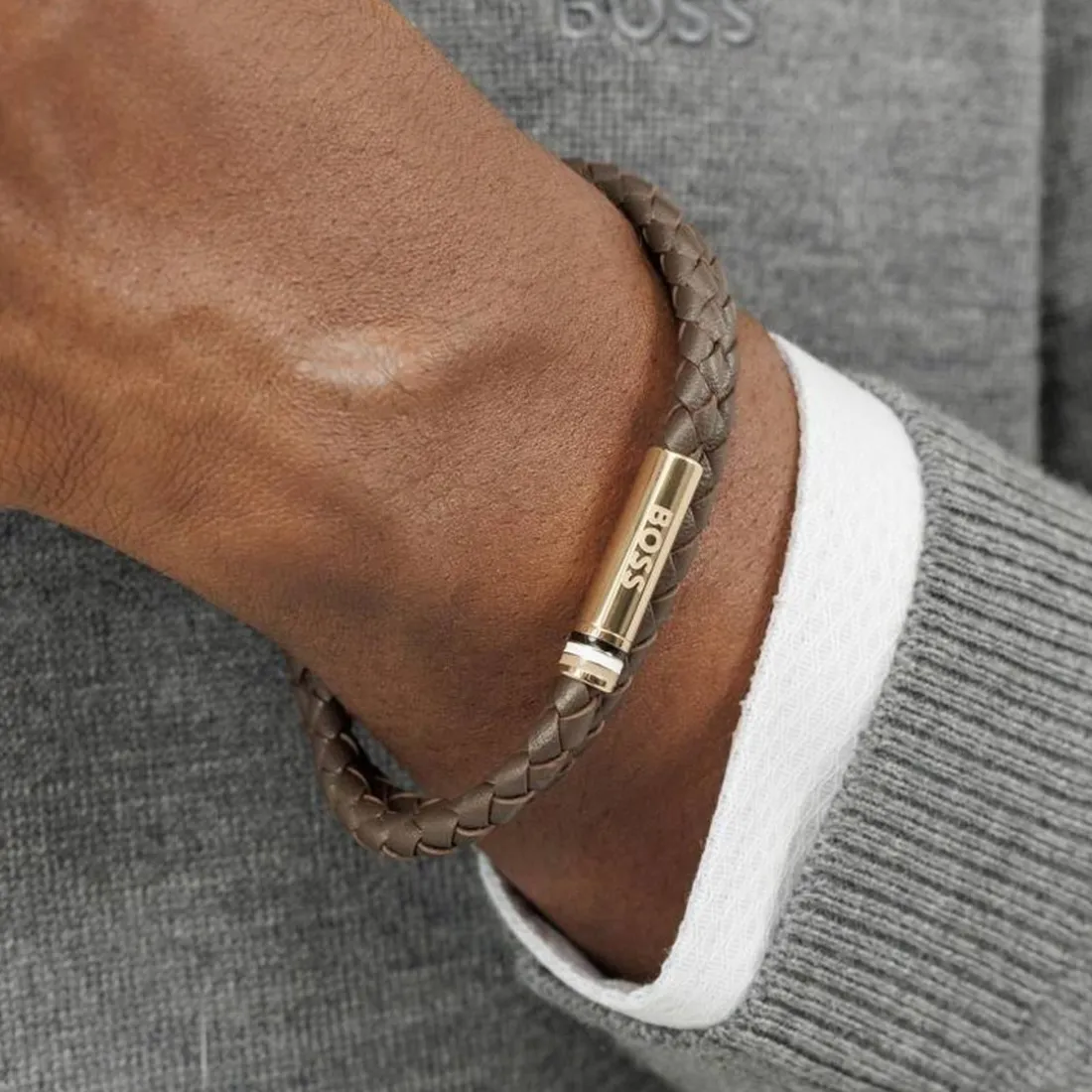 Bracelet Homme Boss Bijoux Ares - 1580670M Acier, Cuir Marron, Doré