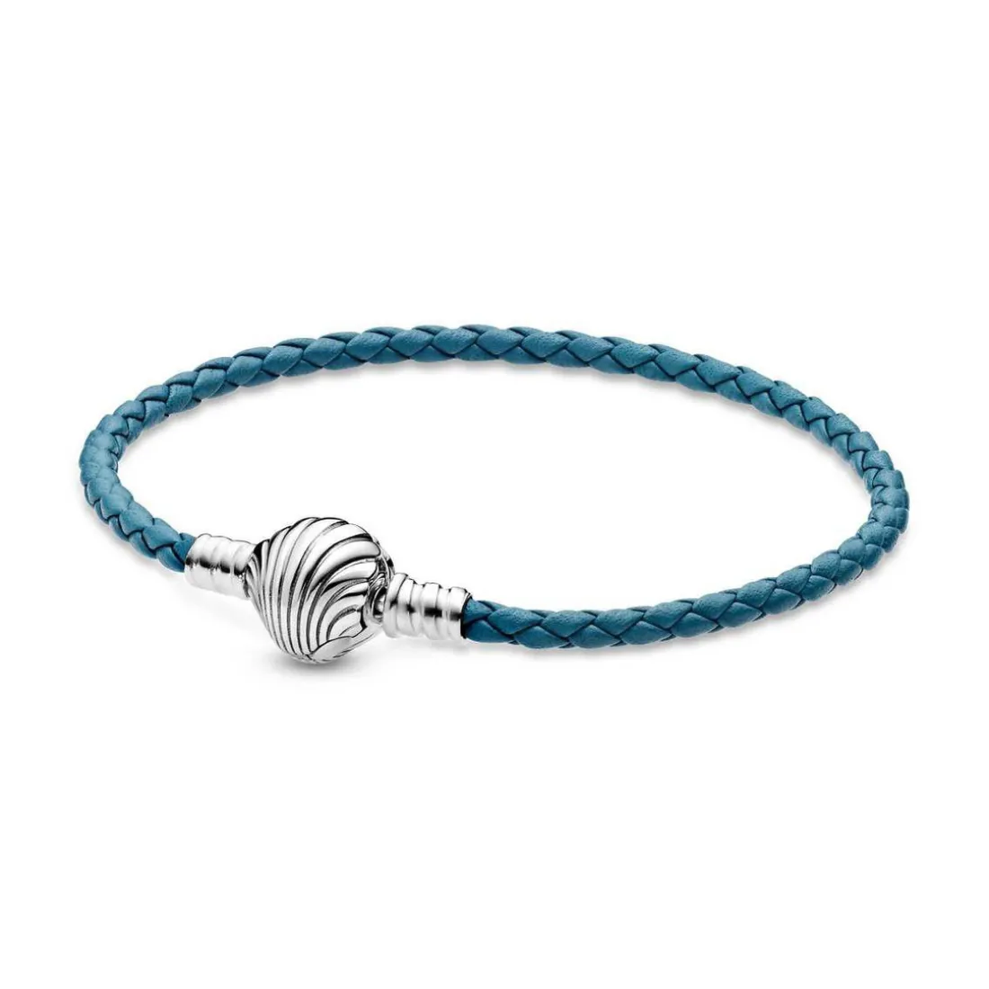 Bracelet Pandora Moments en Cuir Tressé Turquoise Fermoir Coquillage