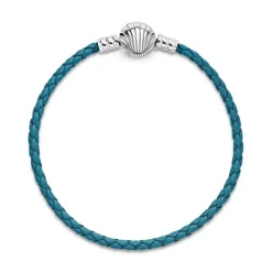 Bracelet Pandora Moments en Cuir Tressé Turquoise Fermoir Coquillage