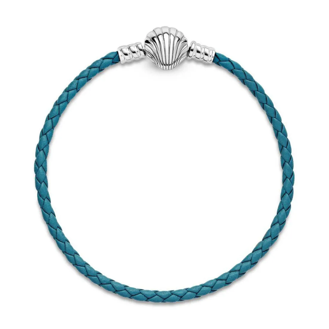 Bracelet Pandora Moments en Cuir Tressé Turquoise Fermoir Coquillage