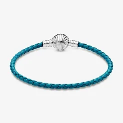 Bracelet Pandora Moments en Cuir Tressé Turquoise Fermoir Coquillage