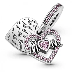 Charm Double Pendant Cœur gravé & Cœur Mum cristaux rose Pandora Passions