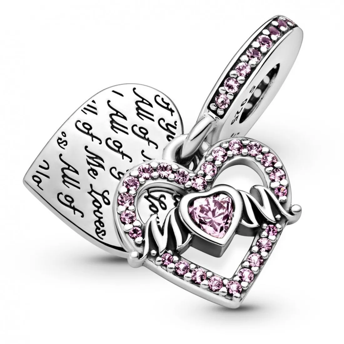 Charm Double Pendant Cœur gravé & Cœur Mum cristaux rose Pandora Passions