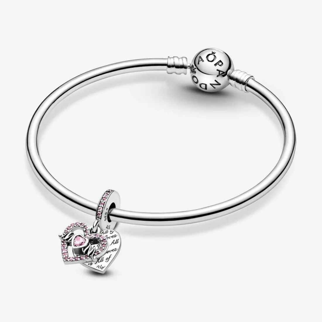 Charm Double Pendant Cœur gravé & Cœur Mum cristaux rose Pandora Passions