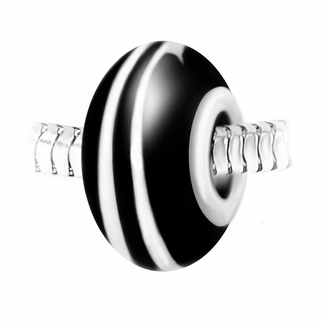 Charm perle spirale verre noir et blanc décoré main et acier par SC Crystal BEA0026